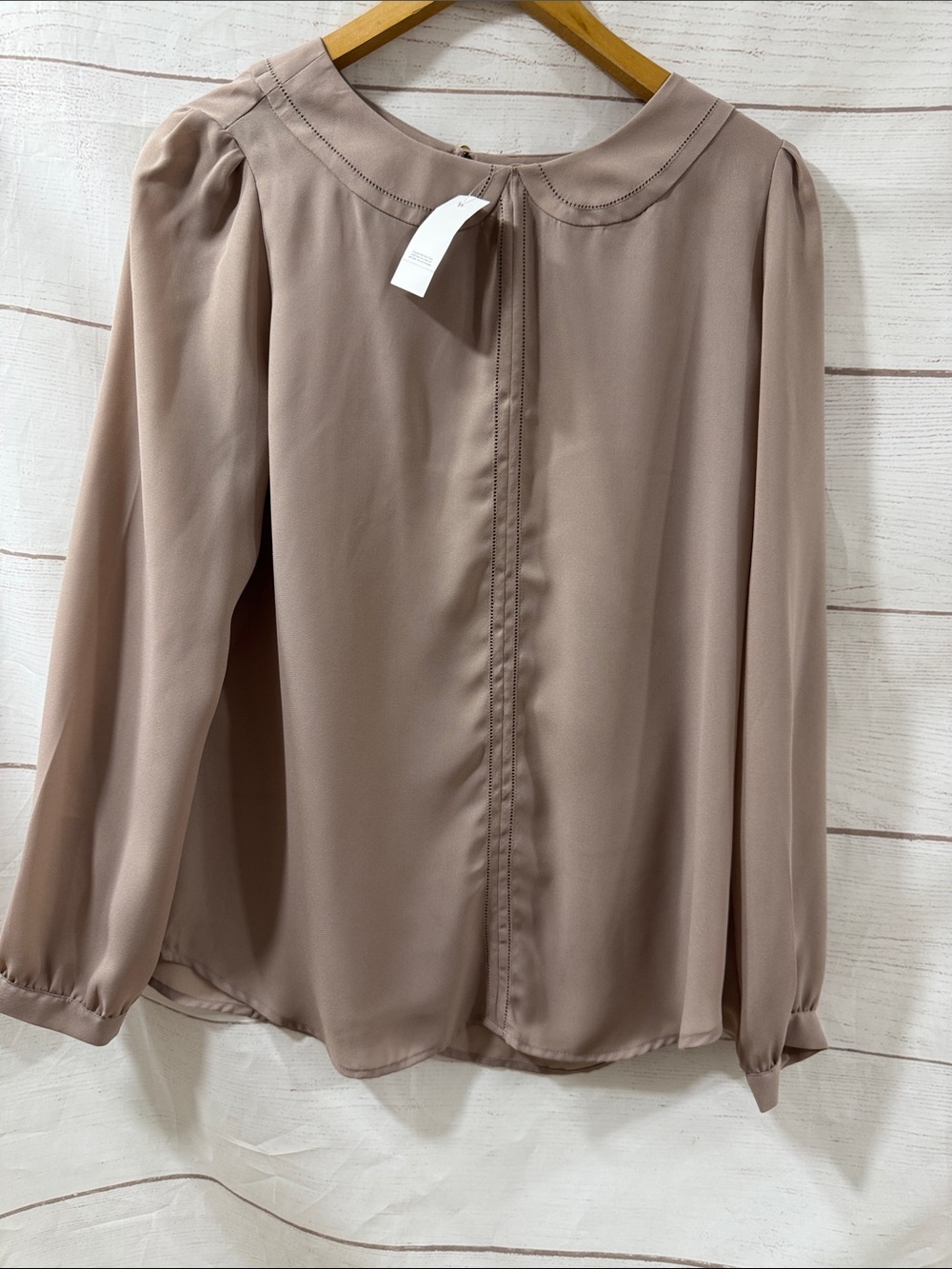NEW Ann Taylor Loft Women's Taupe Long-Sleeve Blouse with Peter Pan Collar Med